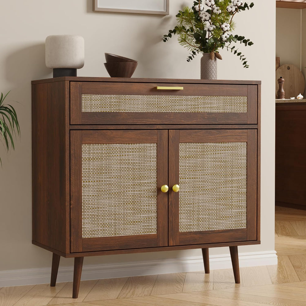 Furnify Rattan Sideboard Buffet, Boho Kitchen Cabinet with Drawer & 2 Doo...
