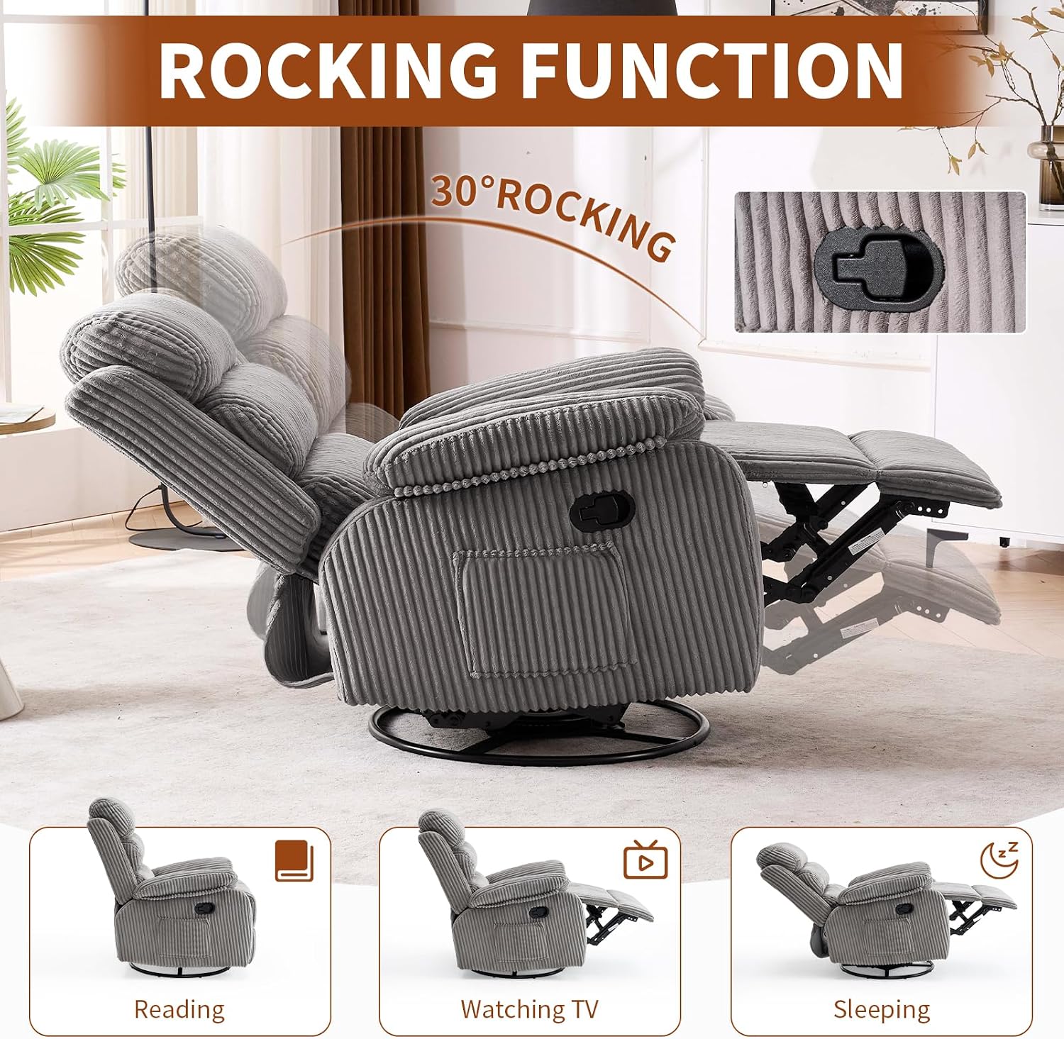 Premium Velvet 360° Swivel Rocker Recliner with Extended Footrest - High Back Glider Chair for Nursery, Living Room & Small Spaces, Featuring Padded Armrests and Handy Side Pocket, Grey
