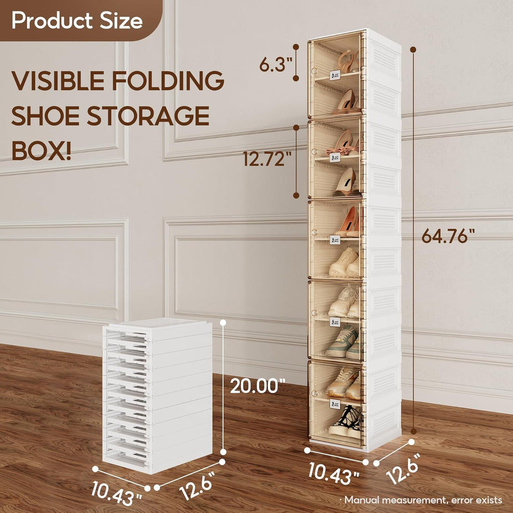 ANTBOX Shoe Organizer Storage Box, Portable Folding Shoe Rack For Closet With Magnetic Clear Door,Large Sneaker Cabinet Bins Sturdy Easy Assembly 10 Layers-10 Grids