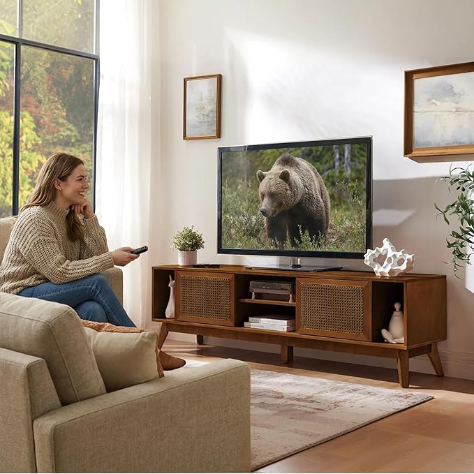 LKTART 68 Inch Mid Century Modern TV Stand with Rattan Doors,MCM Entertainment Center Media Console for 60/65/70/75 inch TVs,Long Boho Television Stand for Living Room,Light Walnut