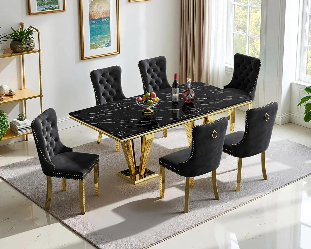 68" Faux Marble Dining Table Set for 6, Black Gold Dining Room Table wit...