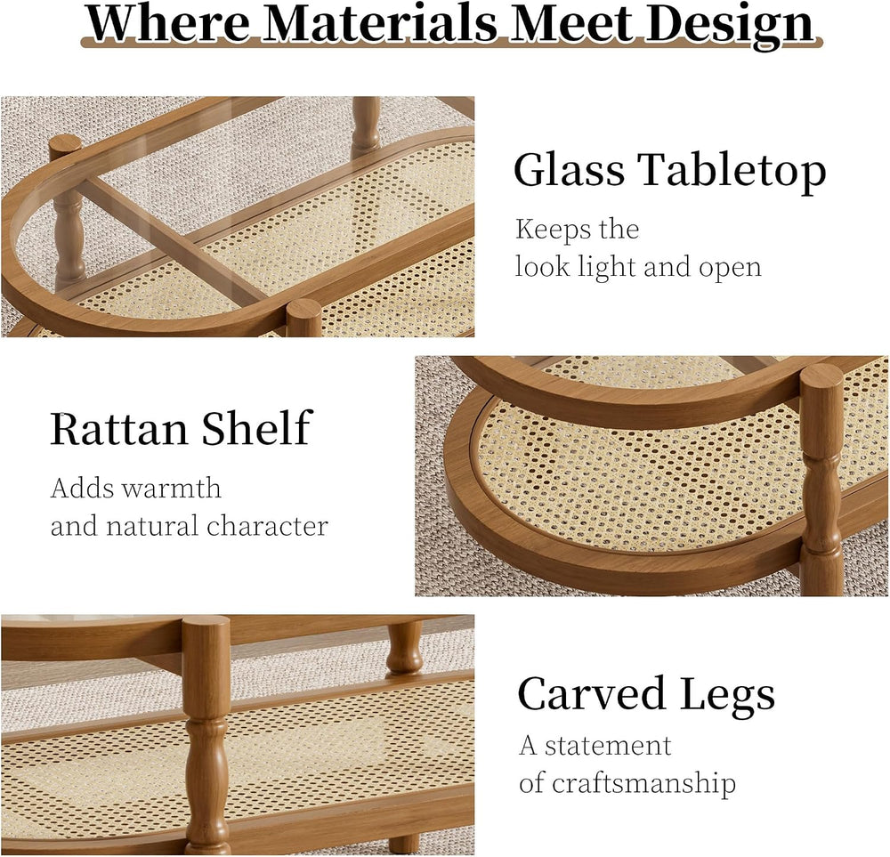 Rattan Coffee Table for Living Room, Oval Wood Glass Table, Brown, 40 inch