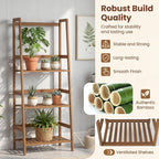 COSTWAY 4-Tier Ladder Shelf, Bamboo Plant Stand Rack, Freestanding Bookshelf, Multifunctional Storage Shelves, Flower Stand Rack Holder for Garden, Balcony, Living Room, Bedroom (Brown)