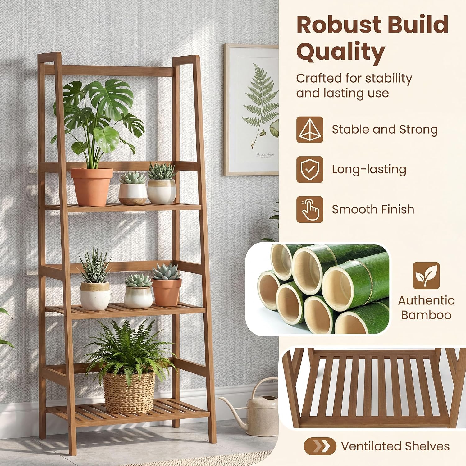 COSTWAY 4-Tier Ladder Shelf, Bamboo Plant Stand Rack, Freestanding Bookshelf, Multifunctional Storage Shelves, Flower Stand Rack Holder for Garden, Balcony, Living Room, Bedroom (Brown)