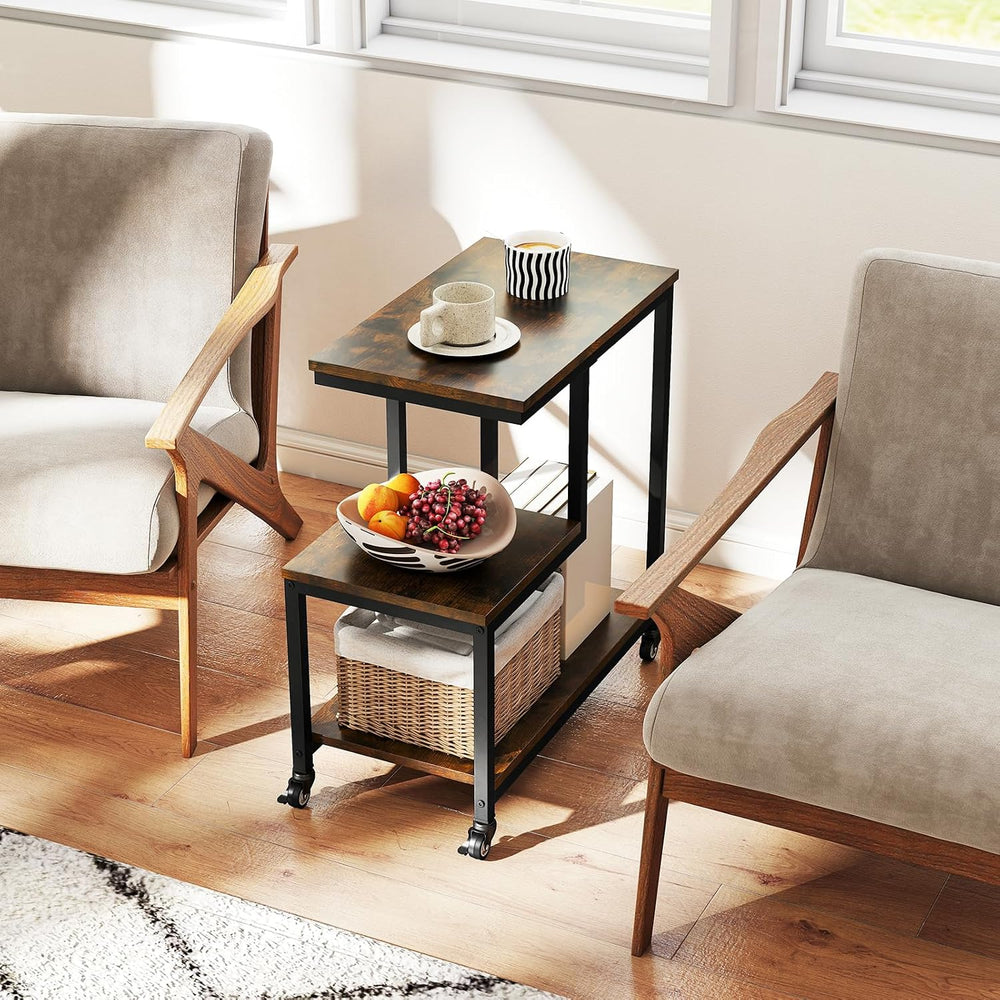 GOFLAME G-Shaped End Table, 3-Tier Sofa Side Table with Wheels, Open Shelves,...
