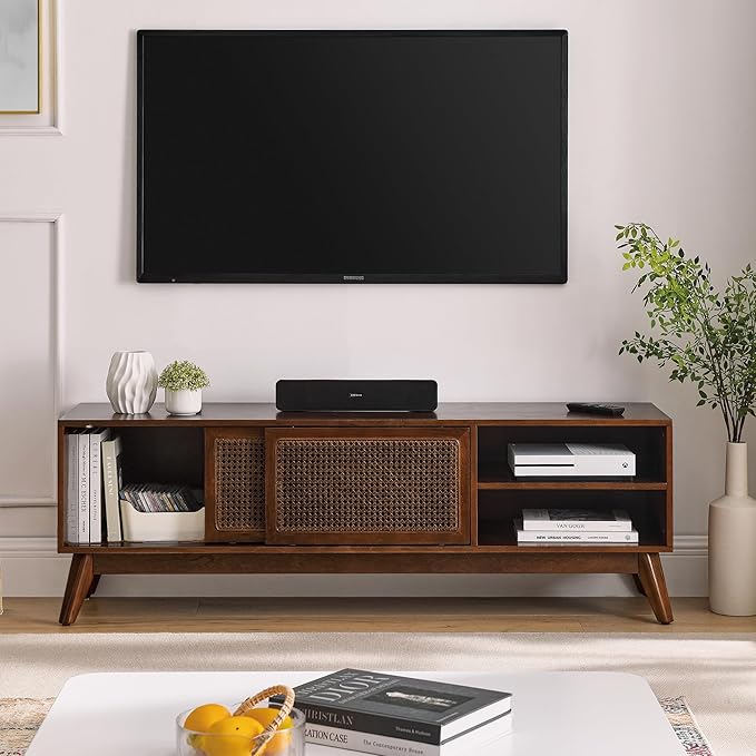 LKTART Boho Mid Century TV Stand,59" Rattan Entertainment Center,Media C...