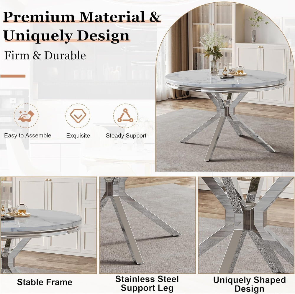AF ARTISAN FURNITURE Round Marble Dining Table Set for 4, Black Silver Faux M...