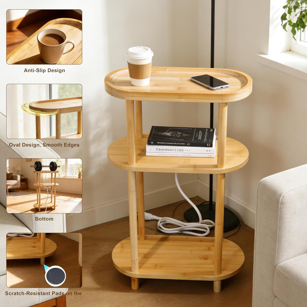 Side Table, Nightstand with Charging Station — Bamboo Narrow End Table with 3...