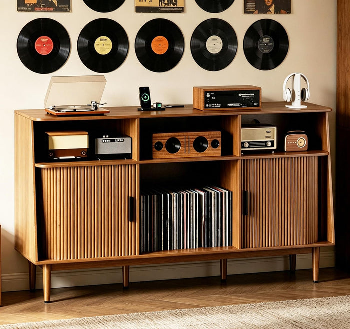 Record Player Stand with Vinyl Storage, Mid Century Modern Vinyl Storage Cabinet with Power Outlet and Sliding Doors, Turntable Stand Table Holds Up to 350 Albums for Living Room (walnut, 55.1"W)