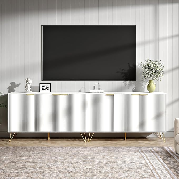 Fluted White TV Stand for 100 Inch TV,Modern White TV Stands for Living Room,TV Console with Storage Cabinets,Entertainment Center with Adjustable Shelves & Gold Handles,Wood Media Cabinet