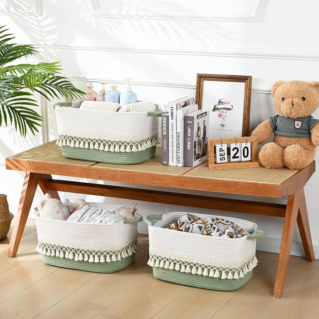 3 Pack Storage Basket for Shelves, Boho Cotton Rope Storage Bins with Heavy Tassel, Shelf Baskets Large Woven Baskets for Organizing, Cube Organizer Bins, Baby Laundry Basket for Clothes, Toys, Pets