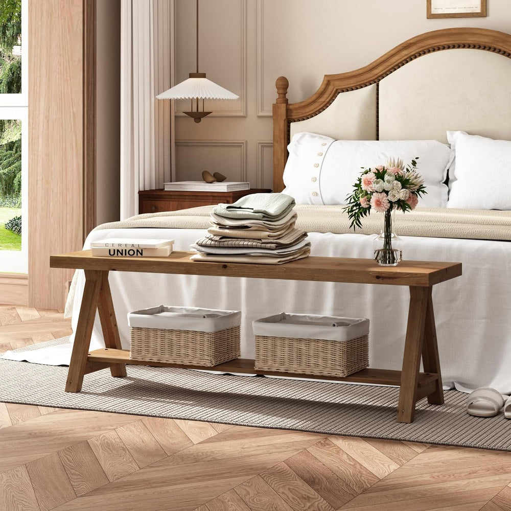 RowyPoey 51" Solid Wood Bench, Long Farmhouse Entryway Bench with Storag...