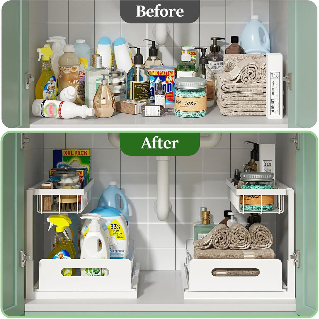 REALINN Under Sink Organizer, Pull Out Cabinet Organizer 2 Tier Slide Out Sink Shelf Cabinet Storage Shelves, Storage for Kitchen Bathroom, White, 2 Pack