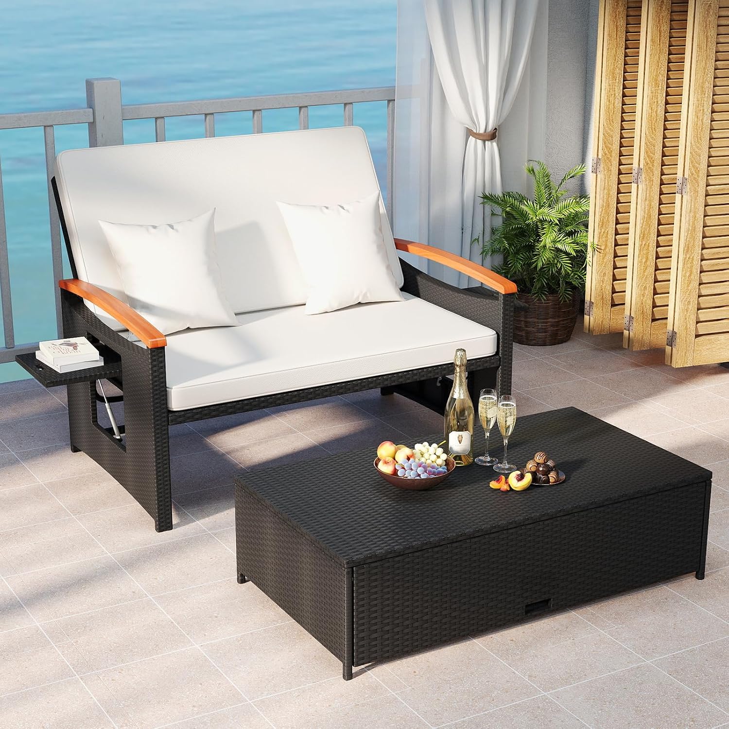 COSTWAY Patio Rattan Daybed, Outdoor Loveseat Sofa with Storage Ottoman, 4-Level Adjustable Backrest & Acacia Wood Armrest, Outdoor Wicker Daybed with Side Panels for Yard, Deck, Poolside (White)