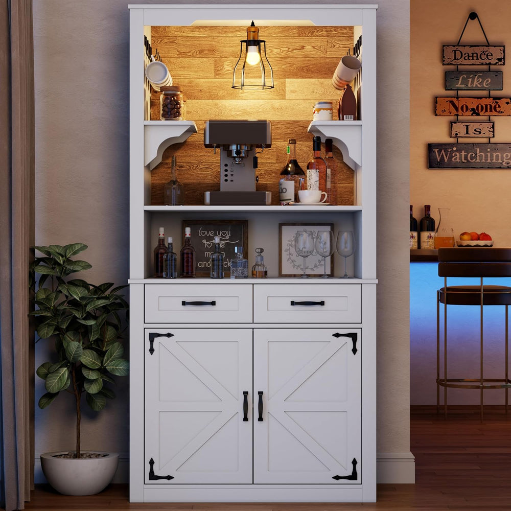 Farmhouse Coffee Bar Cabinet with Led Light - 70.8'' Tall Coffee Hutc...
