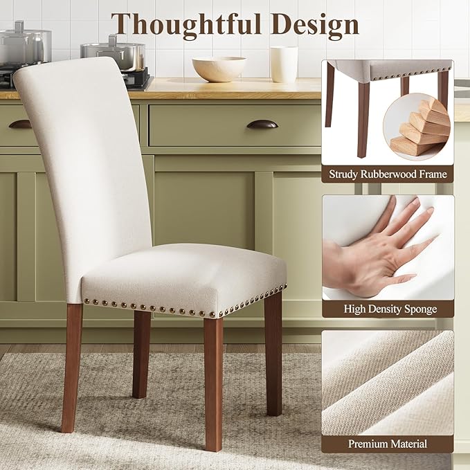 Stylish Dining Chairs Set of 6, Upholstered Parsons Dining Room Chair with Nailhead Trim, Kitchen Room Chair with Thick Cushions and Wood Legs, Nailhead Trim, Beige