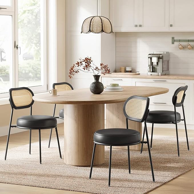 VASAGLE Dining Chairs, Set of 4 Accent Chair for Dining Room Kitchen, with Boho PE Rattan Back, Synthetic Leather Upholstery, Ink Black ULDC160B24
