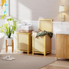 SMIBUY Double Laundry Hamper with Lid, 120L Bamboo Laundry Basket with Removable Liner Bag, 2-Section Clothes Divider Laundry Sorter for Laundry Room, Bathroom, Bedroom (Natural)