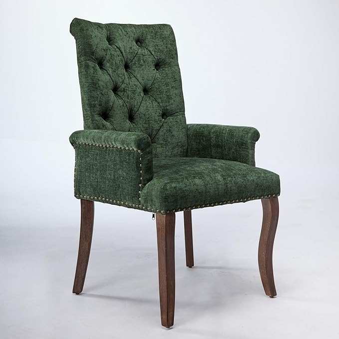 Upholstered Tufted Chenille Dining Chairs with Arms & Nailhead Trim – Sol...