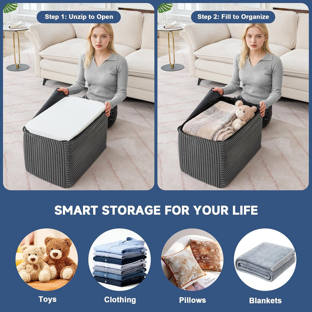 Rectangular Stuffed Pouf Ottoman Foot Rest, Corduroy Floor Pouf with Foam Chu...