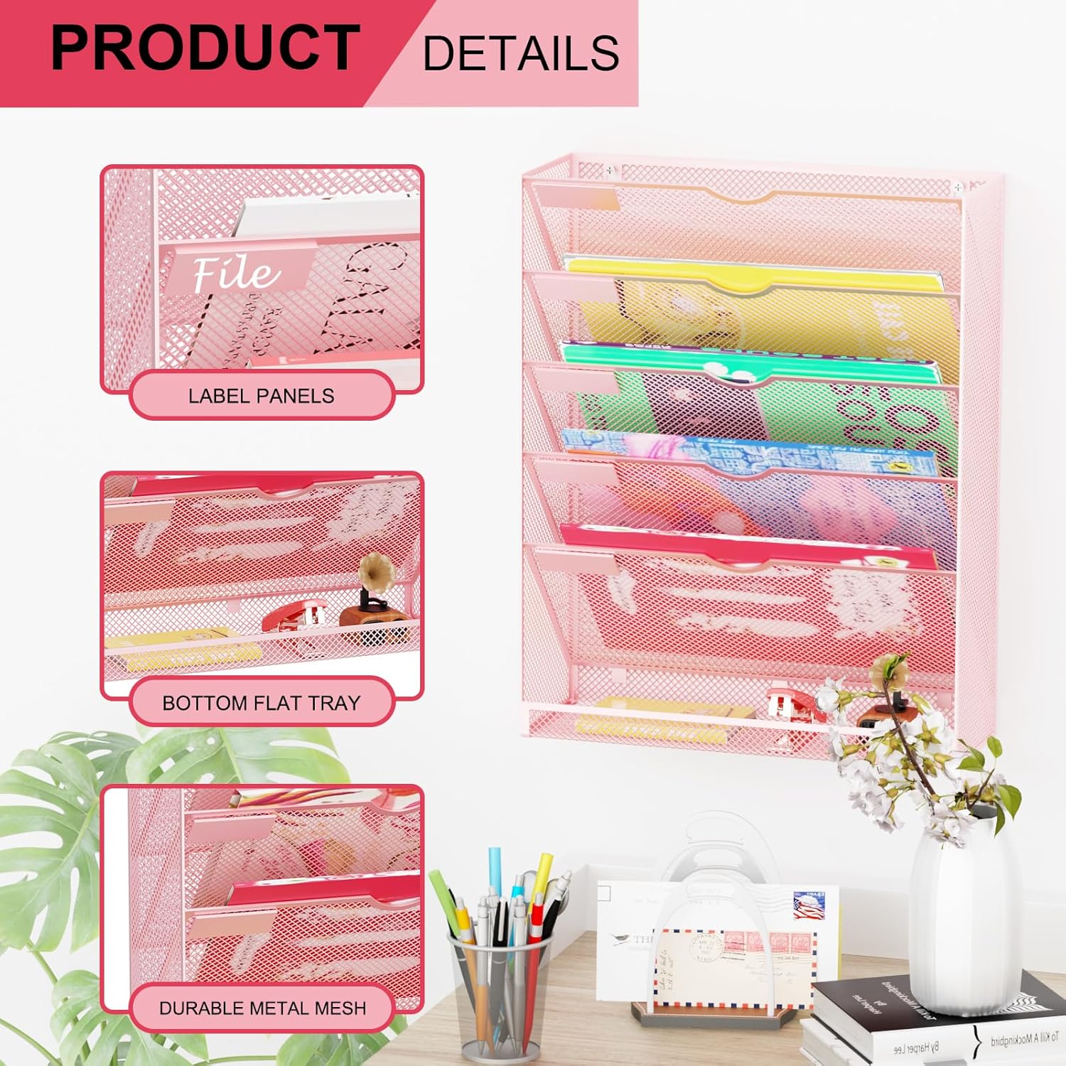 Hanging Wall File Organizer 6 Tier Wall Mounted Mail Paper Folder Holder Document Organization Stand, Vertical Desk Magazine Rack for Office Home Cubicle Countertop, Pink
