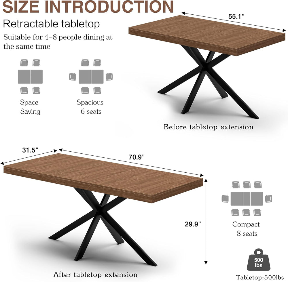 Extendable Dining Room Table for 4-6-8, Large 55''-70.9'' Woo...