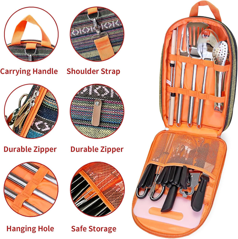 Portable Camping Kitchen Utensil Set-27 Piece Cookware Kit, Stainless Steel O...