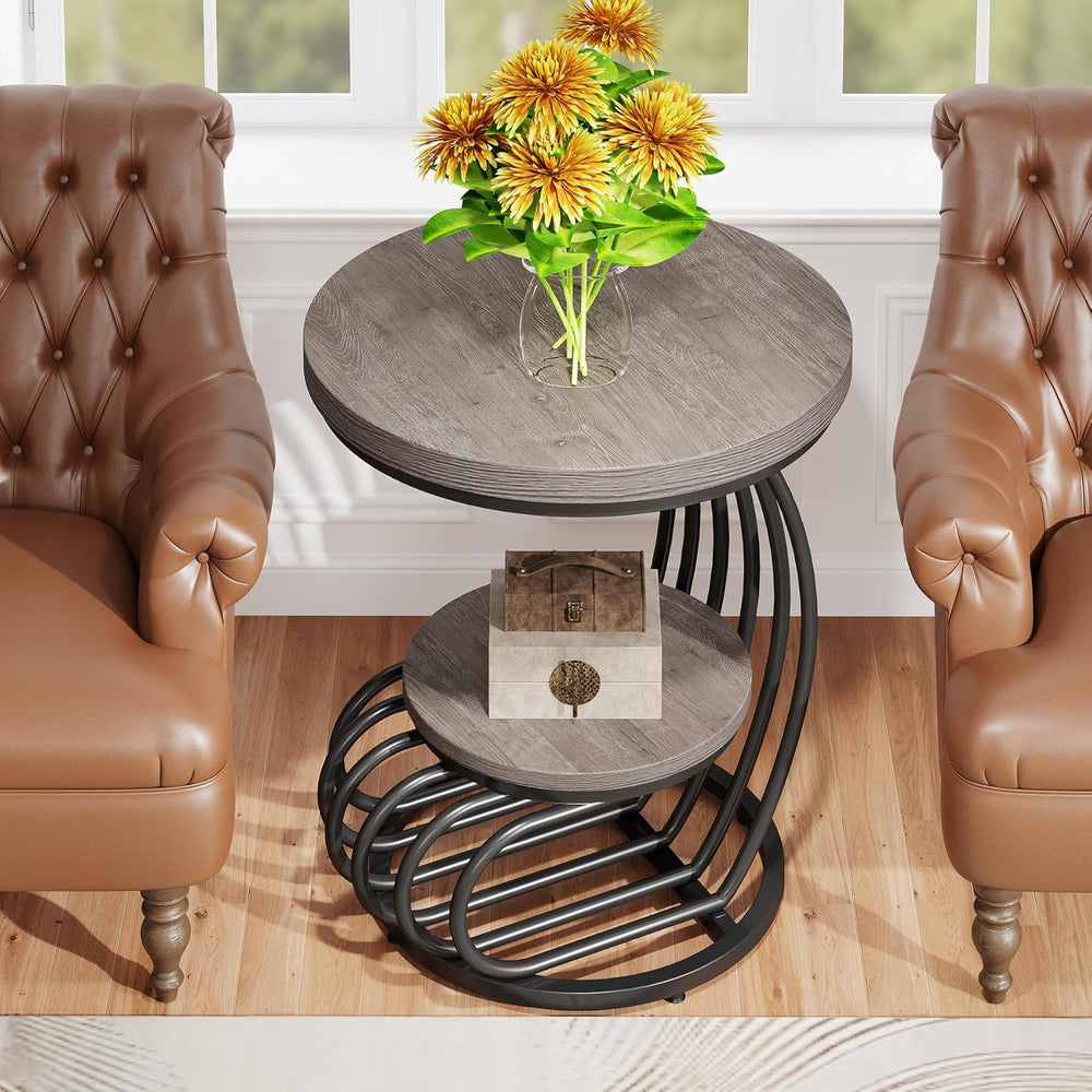 Tribesigns Round End Table: 2 Tiers Wood Side Table Set of 2 with Storage She...