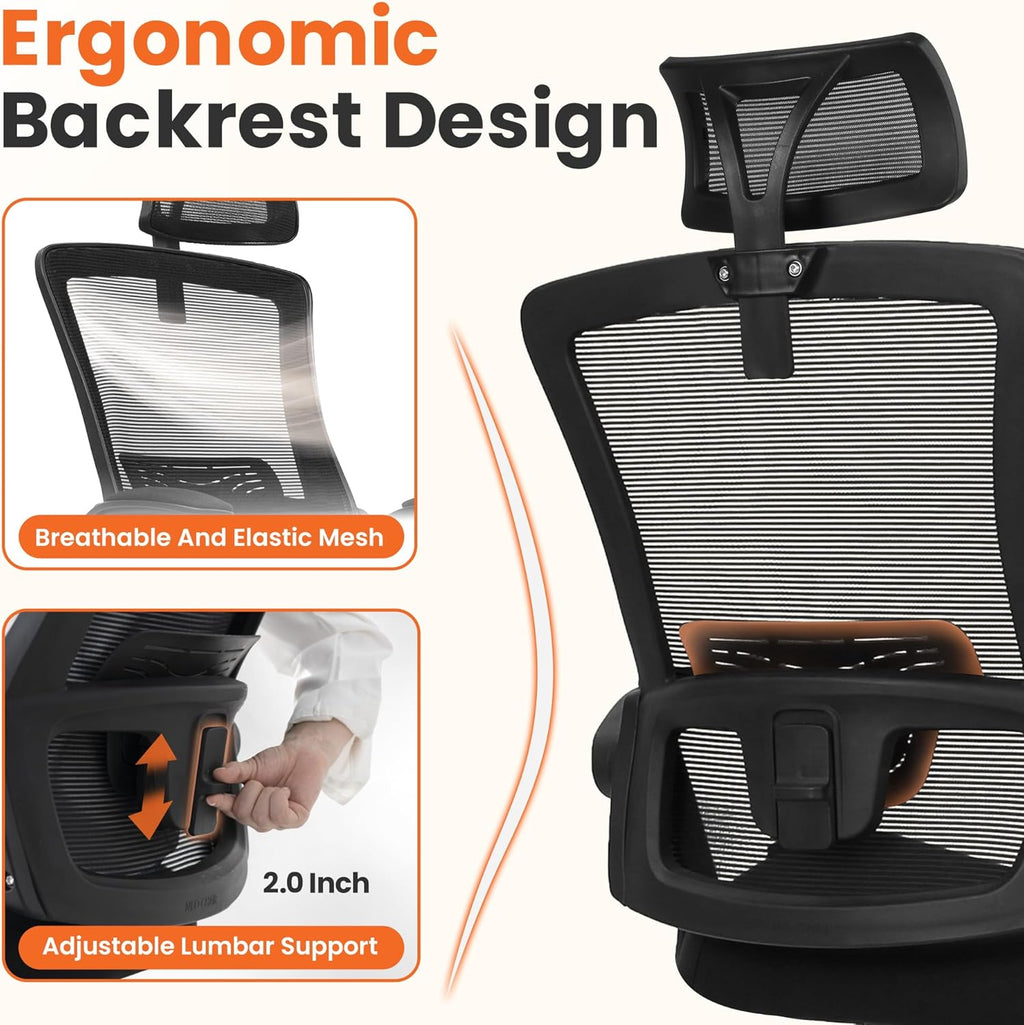 NEO CHAIR Office Desk Chair Gaming Computer High Back Support Mesh Comfy Seat with Adjustable Ergonomic Headrest Lumbar Rolling Flip-up Armrests and Wheels (Black)