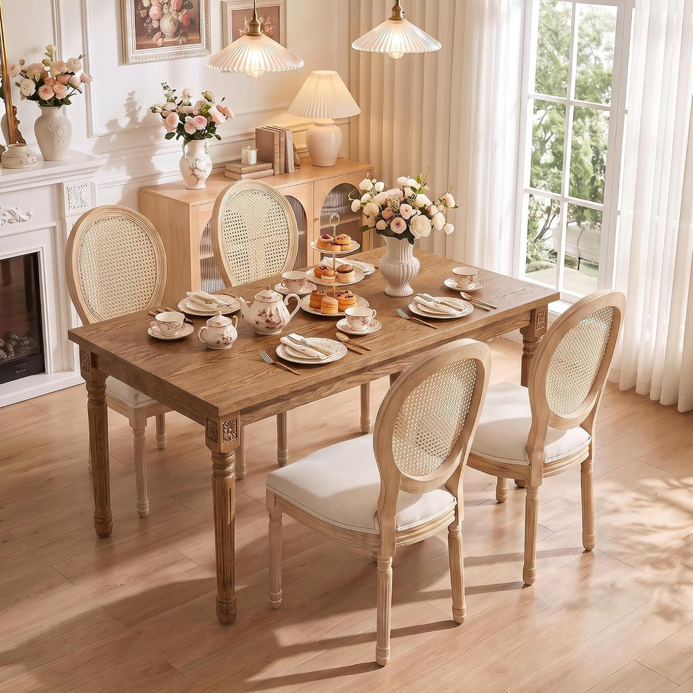 French Country Dining Chairs, Beige Rattan, Set of 6