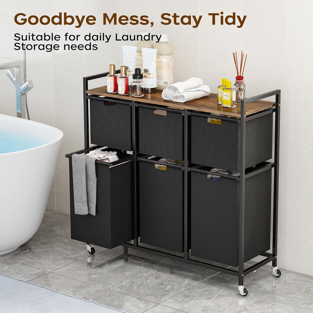 HOMEIJU Laundry Basket with Wheels, Rolling Laundry Hamper Organizer with Large Desktop, Laundry Sorter with 6 Pull-Out and Removable Laundry Bags, Metal Frame, Rustic Brown and Black