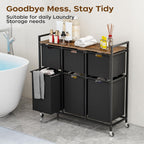 HOMEIJU Laundry Basket with Wheels, Rolling Laundry Hamper Organizer with Large Desktop, Laundry Sorter with 6 Pull-Out and Removable Laundry Bags, Metal Frame, Rustic Brown and Black