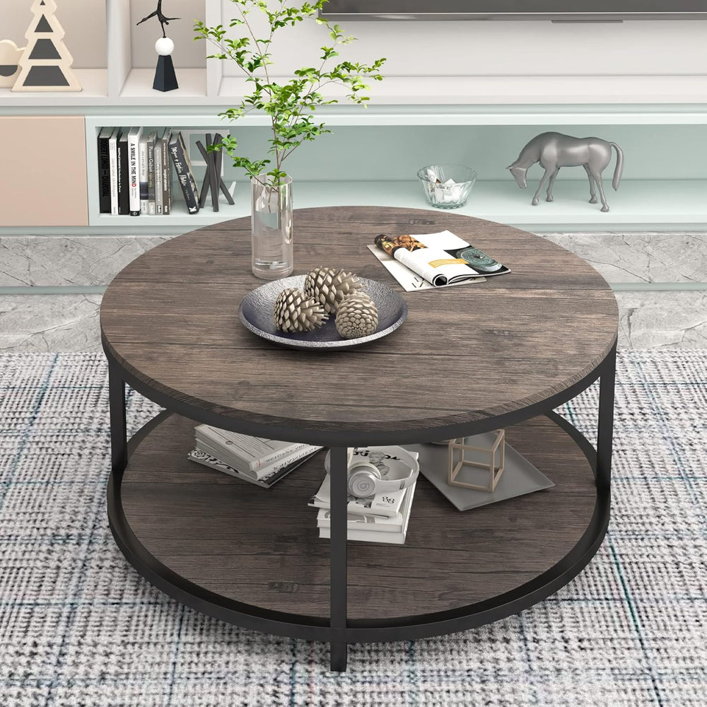 NSdirect Round Coffee Table,36" Coffee Table for Living Room,2-Tier Rust...