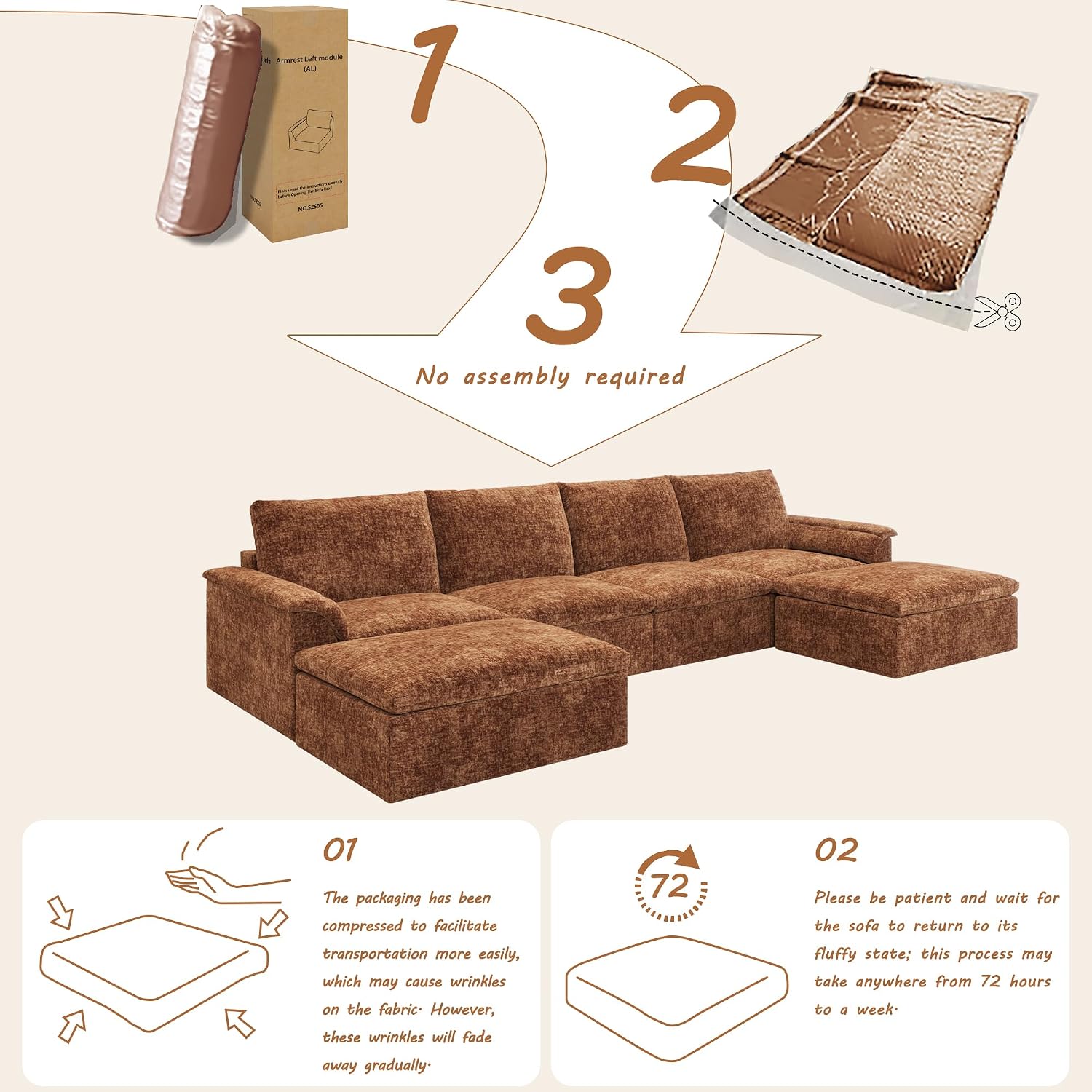 EASE MOOSE Boneless Couches for Living Room, 147" U Shaped Couch, Brown | Modular Sectional Sofa, No Assembly, Pet-Friendly Chenille Fabric, Oversized Deep Seat, Removable Covers, Anti-slip Bottom