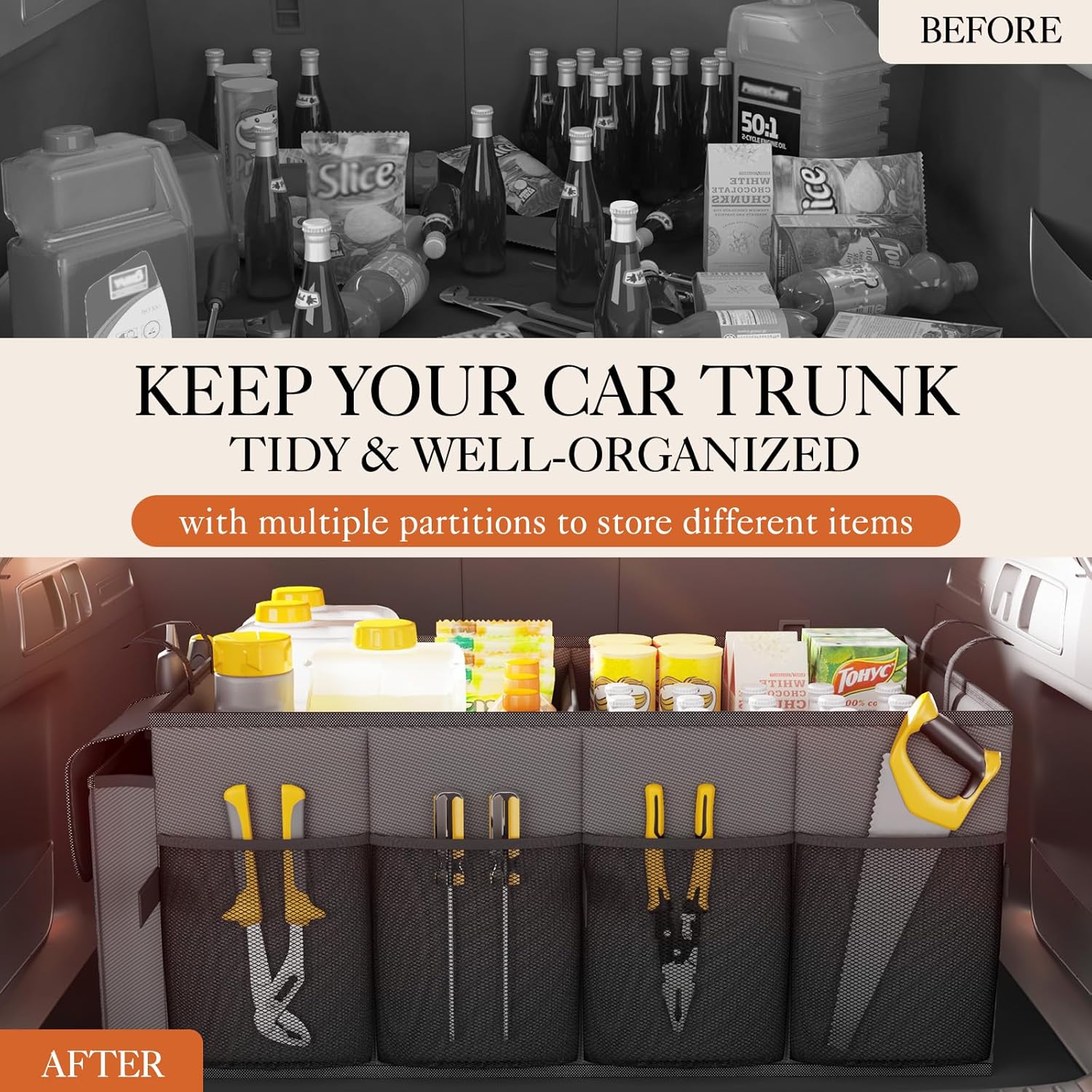 HOTOR Foldable Trunk Organizer - 2-Compartment 21.3"×12.6"×10.6" Grey SUV & Sedan Organizer for Accessories, Tools and Sundries