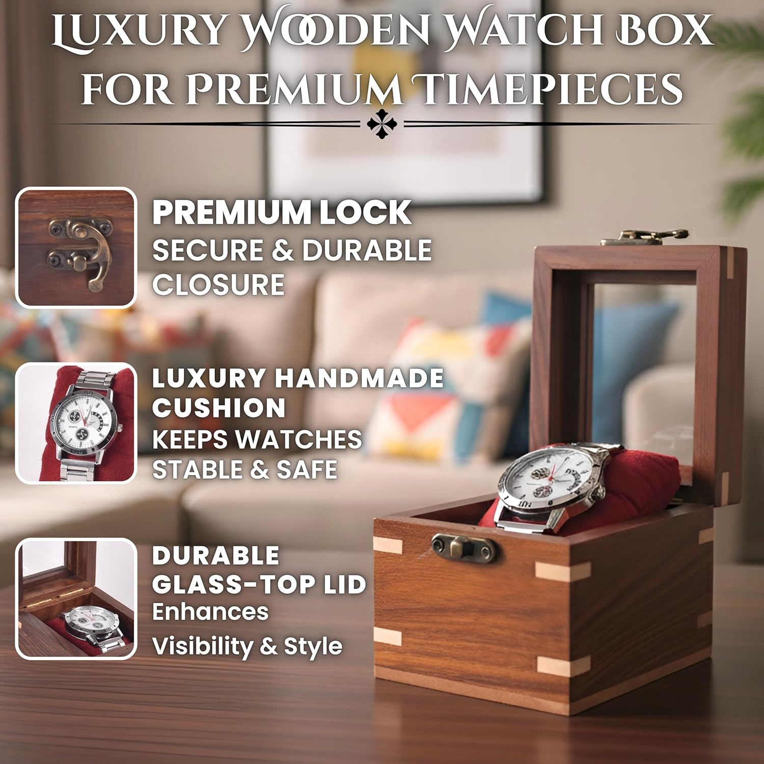Wooden Watch Box for Men & Women, Luxury Watch Organizer & Display Case, Premium Long-Lasting Watch Holder for Storage, Elegant Gift for Watch Collectors (Glass Top, 1 Slot)