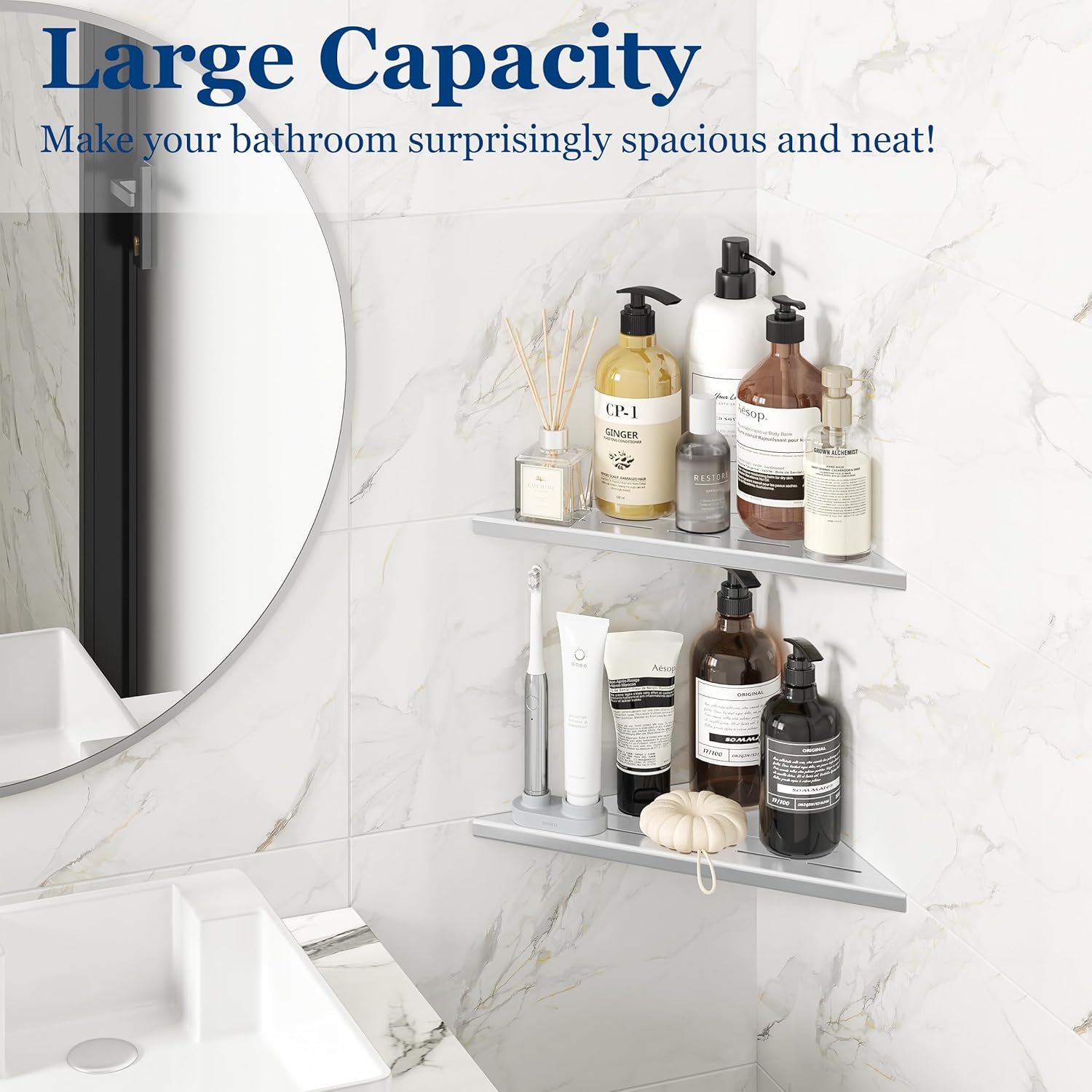 Corner Shower Shelves, 10” Recessed Tile Shower Shelf, 304 Stainless Steel Grout in Corner Tile Shower Shelves, No Drilling, Brushed Nickel, 2 Pack