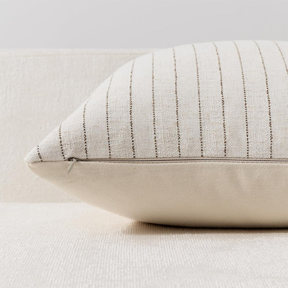DEZENE Pack of 2 Linen Striped Throw Pillow Covers 26x26 Neutral Euro Sham Co...