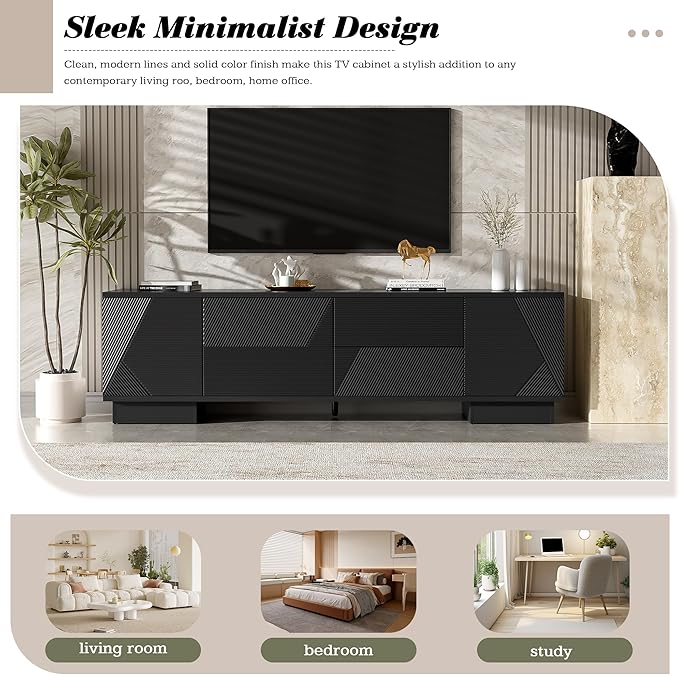 Merax 70.8 inch Modern TV Stand for TVs up to 75 Inches, Entertainment Center with Storage Cabinets & 4 Drawers, Minimalist Media Console with Metal Center Leg & Anti-Tip Device for Living Room, Black