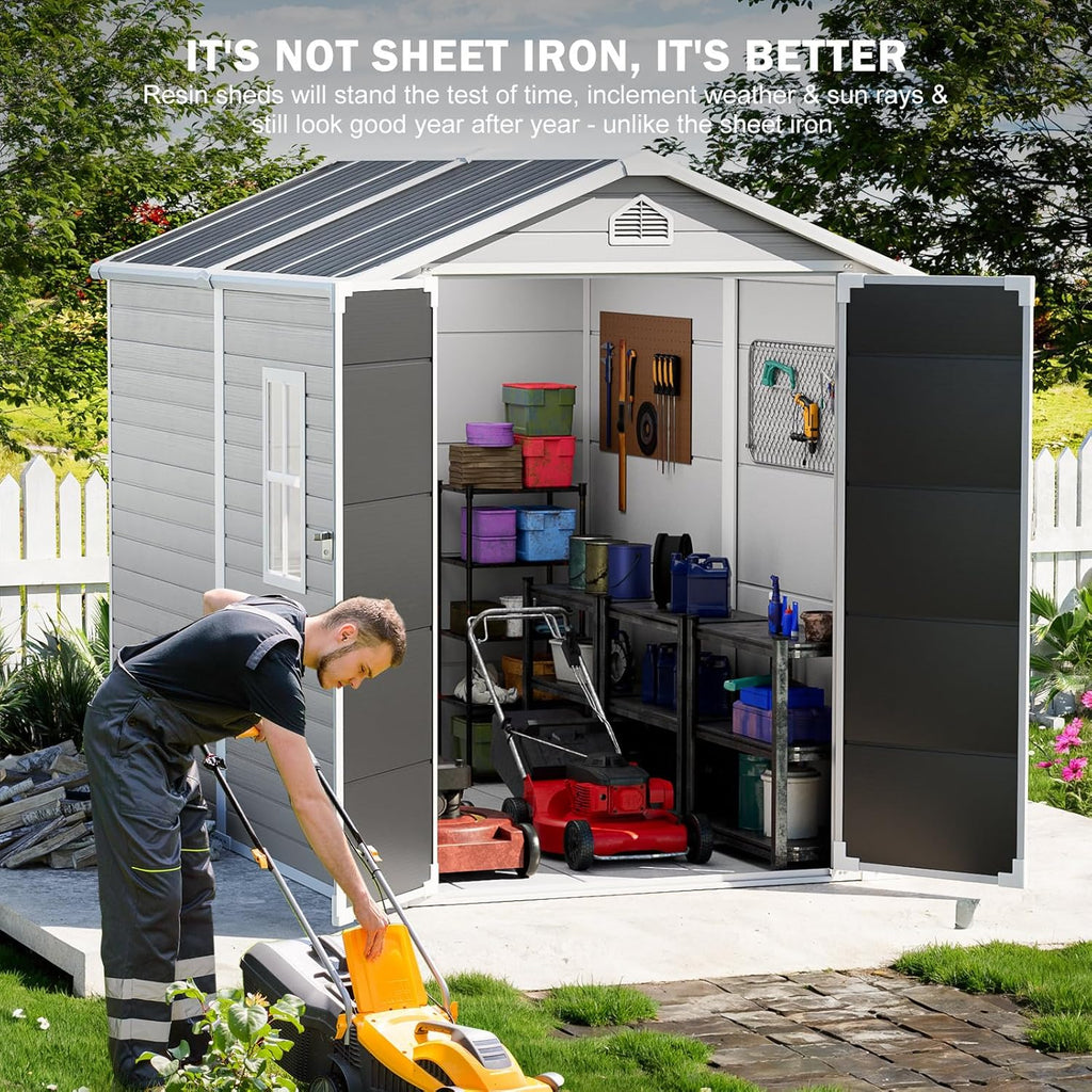 CDCASA 8x6 FT Resin Storage Shed, Large Waterproof Outdoor Sheds with Floor & Lockable Door & Vents, Outside Plastic Tool Shed for Backyard, Patio, Poolside, Cabinet