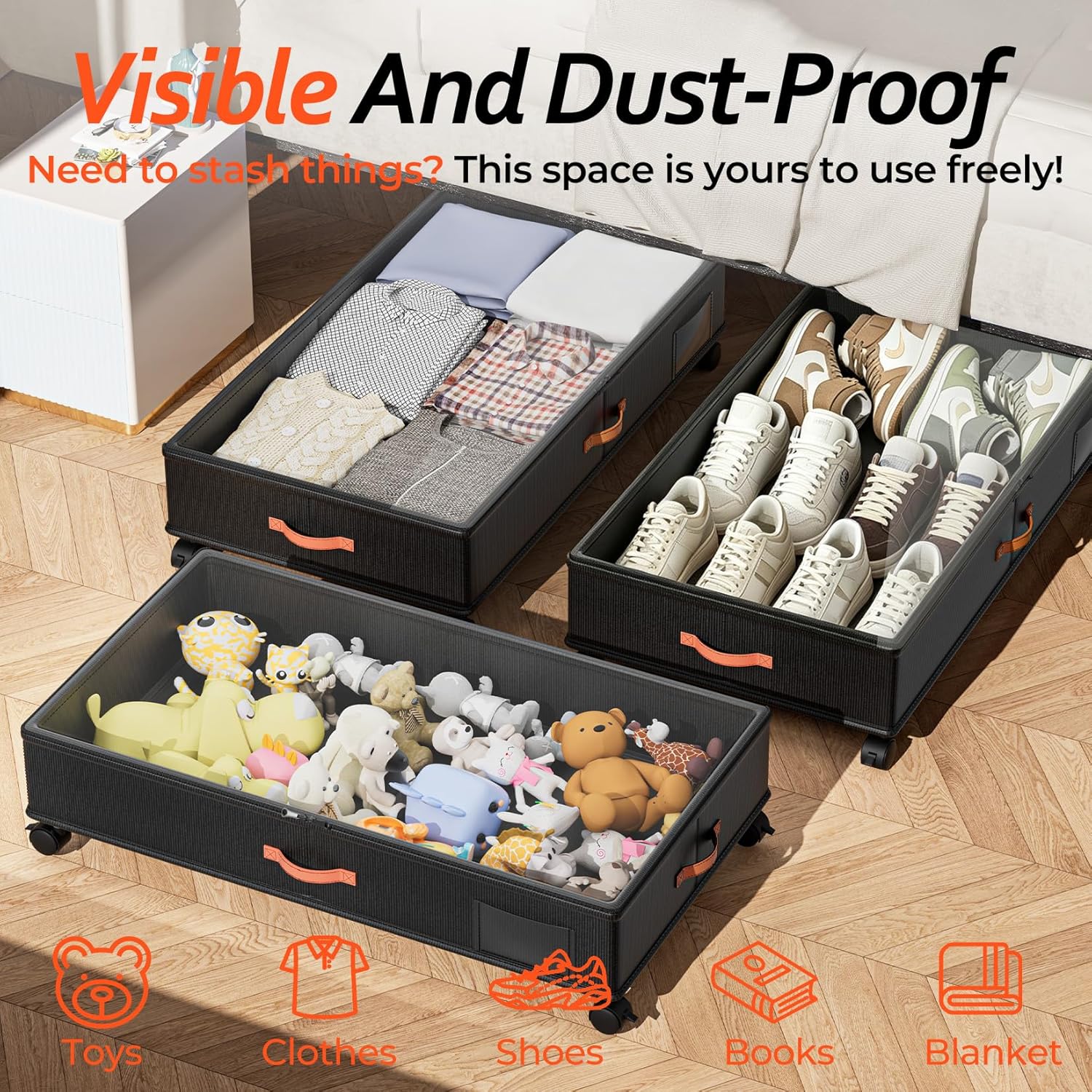 Under Bed Storage with Wheels 2-Pack, Under Bed Storage Containers 66L Clear Lids, Rolling Storage Drawers for Clothes Shoes Blankets, Underbed Organizer Bins(30" L x 16.2" W x 7.5" H)
