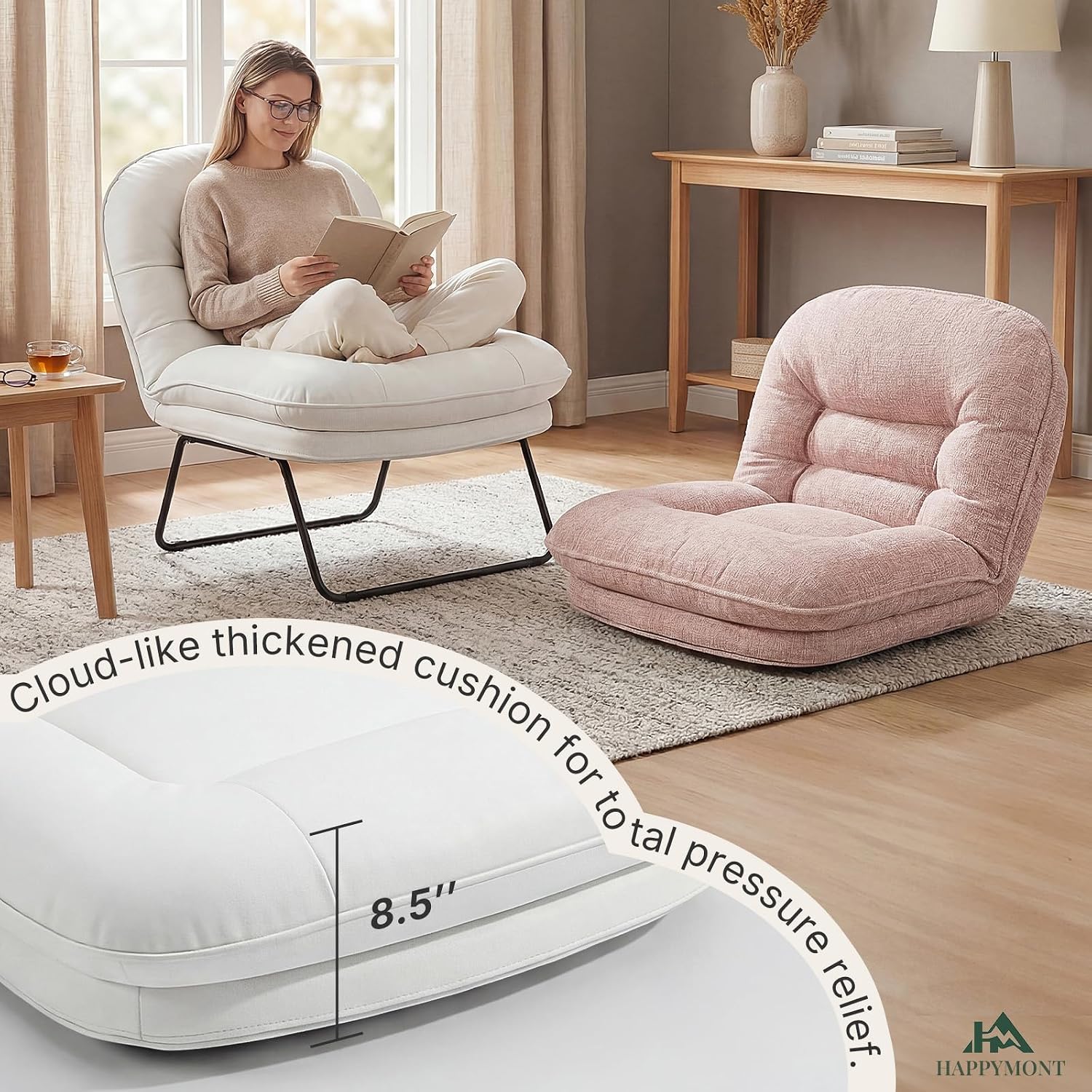 Saucer Chair, Small Foldable Floor Chair, PU Leather | Folding Adjustable Backrest, Bedroom, Living Room, Dorm, Small Spaces Apartment, Adults, White