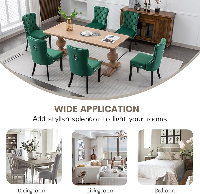 KCC Velvet Dining Chairs Set of 6, Upholstered High-end Tufted Dining Room Chair with Nailhead Back Ring Pull Trim Solid Wood Legs, Nikki Collection Modern Style for Kitchen, Green