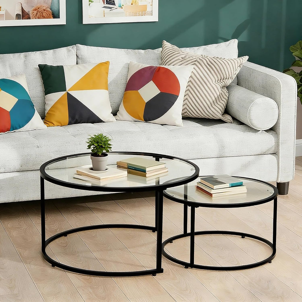 Modern Nesting Glass Coffee Table Set of 2, Round Tempered Glass Coffee Table for Living Room & Bedroom, Space-Saving Design with Adjustable Feet (Large Size + Black Frame)