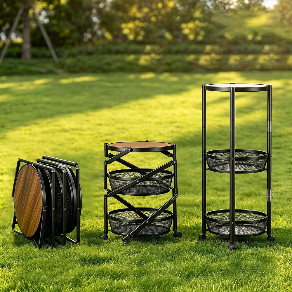 SYO 3-Tier Foldable Rolling Storage Cart, Round Mesh Shelves with Wheels, No ...