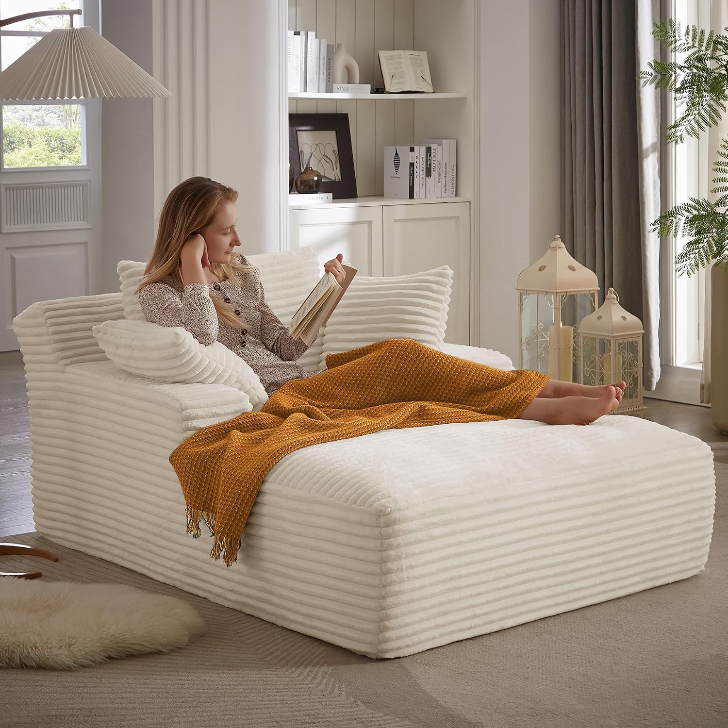 67 Inch Oversized Chaise Lounge Sofa Chair Indoor with 2 Pillows & Armrest, Comfy Upholstered Corduroy Single Sleeper Sofa Chair Bed for Living Room & Bedroom, No Assembly Required (White)