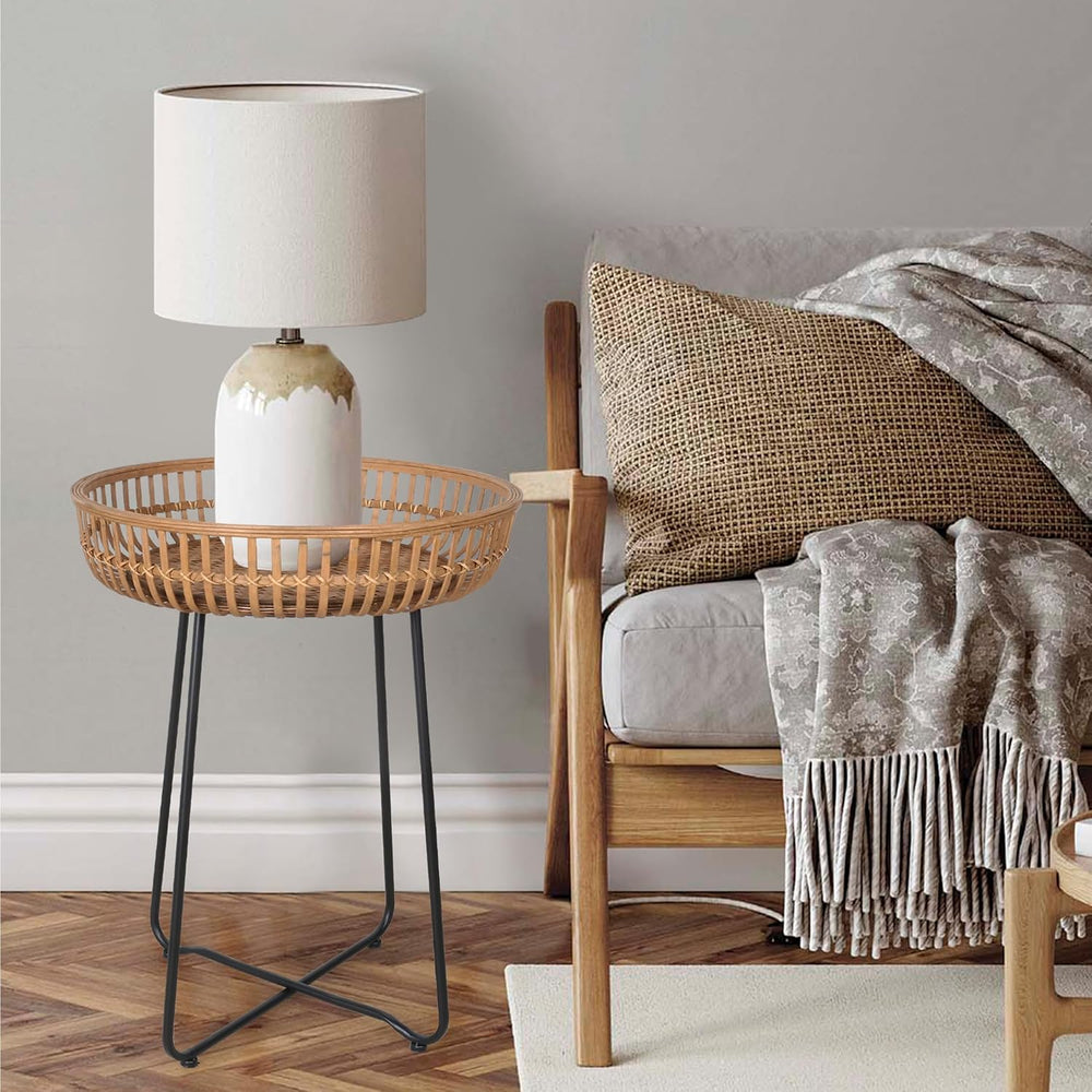 Oakrain Small End Table, Small Round Coffee, Bamboo&Rattan, Accent Table ...