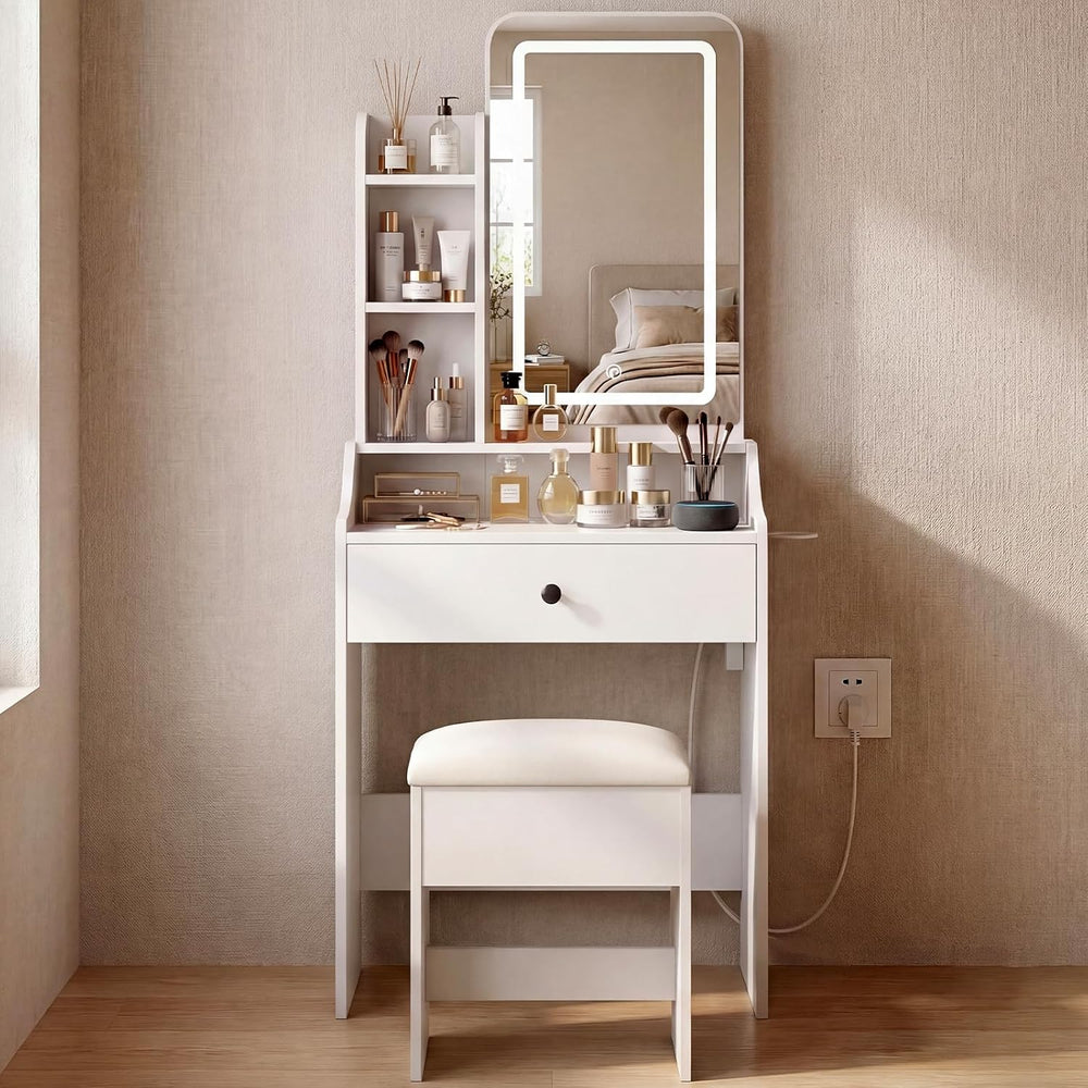 Makeup Vanity Desk with Mirror Lights & Charging, White | Includes Storag...