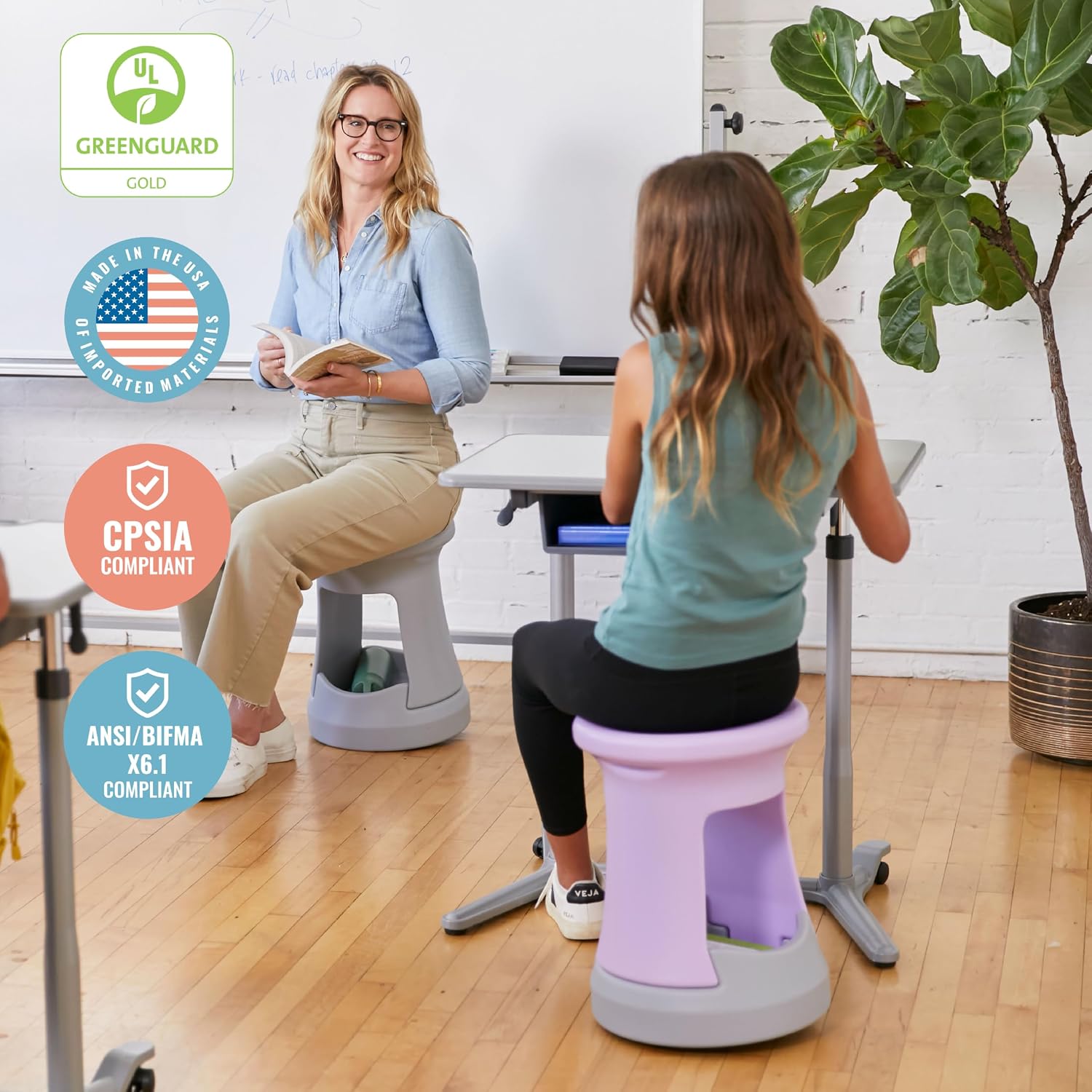 ECR4Kids Active Storage Wobble Stool, 18in Seat Height, Childrens Furniture, Light Purple/Light Grey