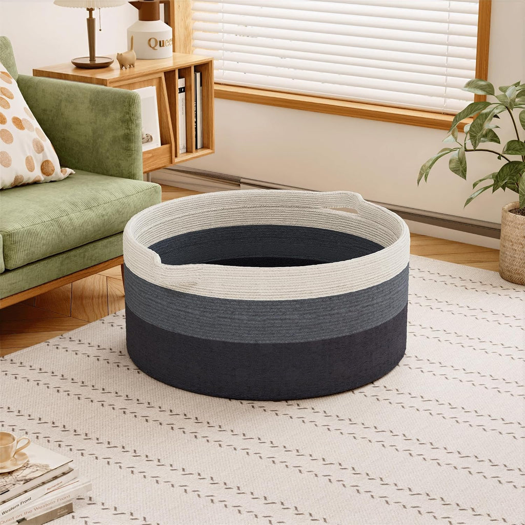 125L Extra Large Blanket Basket, 25" x 16", Jumbo Laundry Woven Cotton Rope Basket with Handles, Baby Toy Storage, Gradual Blue